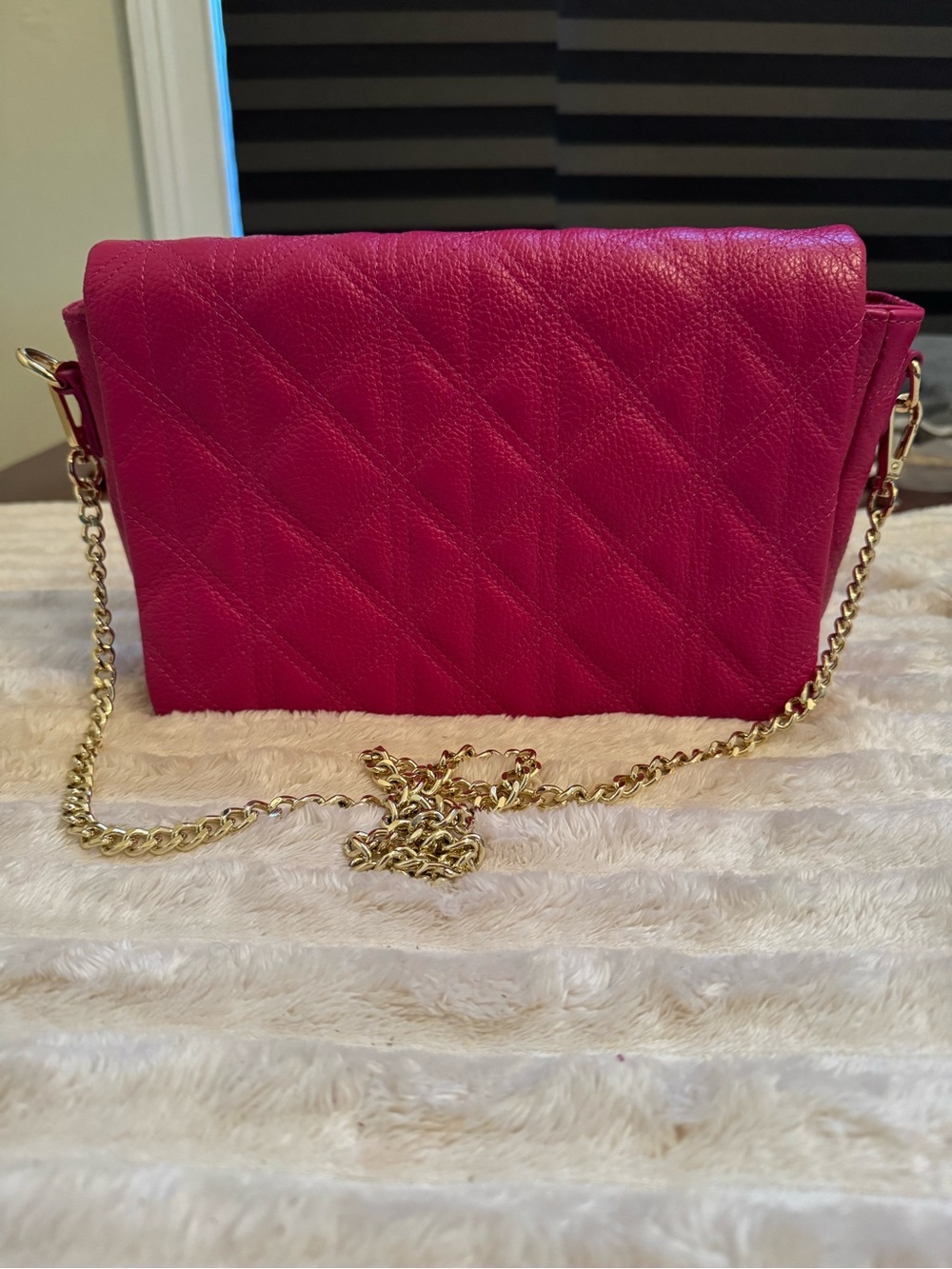Anna Paola Genuine Italian Leather Quilted Crossbody Bag Pink Gold Chain